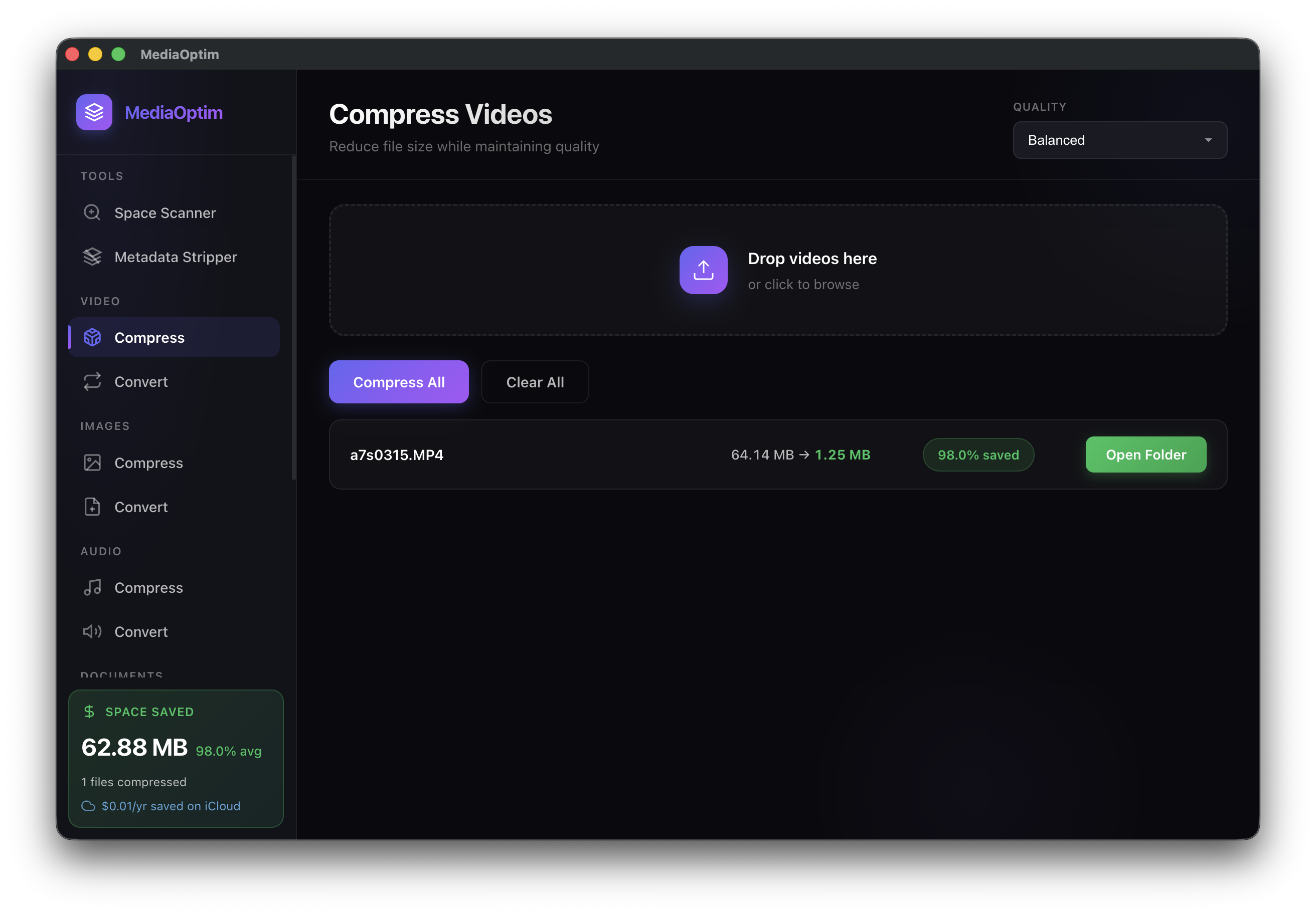 MediaOptim compressing a 64MB video to 1.25MB - 98% space saved